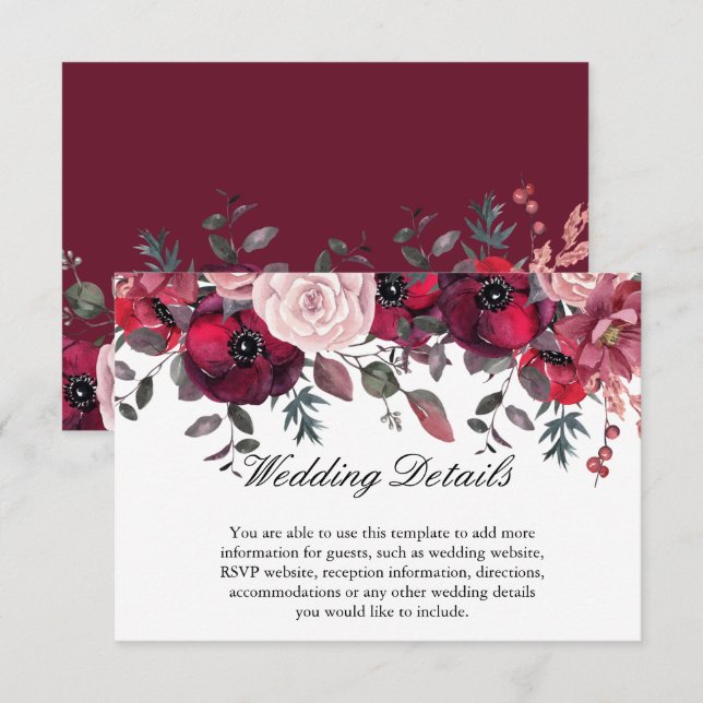 Burgundy Bloom Blush Blue Floral Wedding Begleitkarte (Vorne/Hinten)