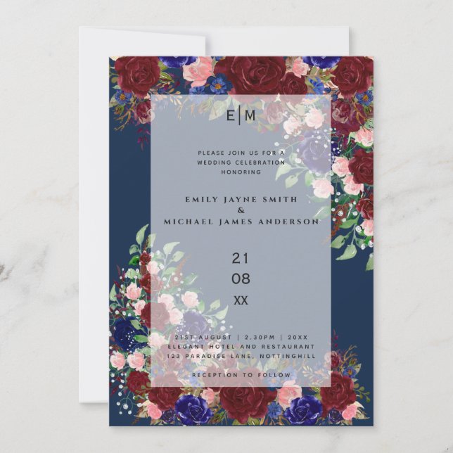 Burgundy Bloom Boho Blue Pink Rose Wedding Overlay Einladung (Vorderseite)