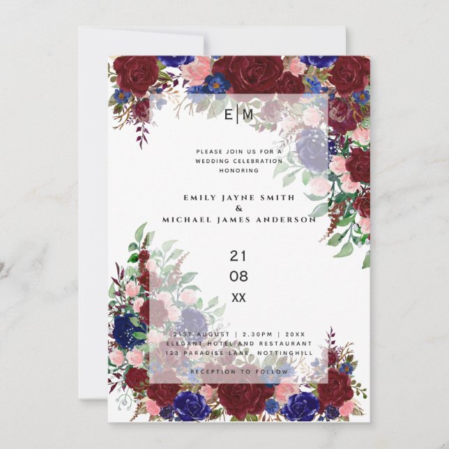 Burgundy Bloom Boho Blue Pink Rose Wedding Overlay Einladung (Vorderseite)