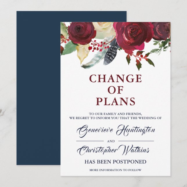 Burgundy Bloom Boho Floral Wedding verschoben Einladung (Vorne/Hinten)