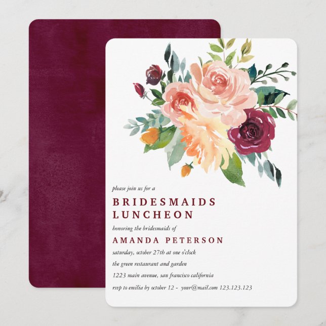 Burgundy Bloom Bridesmaids Luncheon Wedding Einladung (Vorne/Hinten)