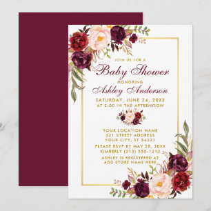 Burgundy Bloral Baby Dusche Gold Einladung