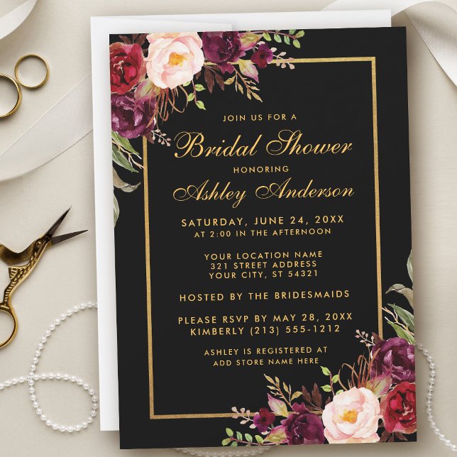Burgundy Bloral Black Gold Brautparty Einladung (Customize to change text color, style, add text & photos to back or change color of back of card.)