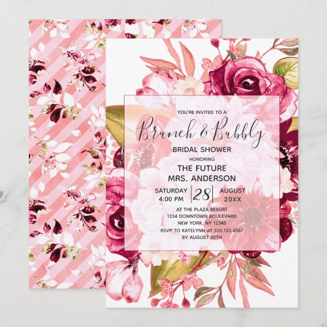 Burgundy Bloral Brunch & Bubbly Brautparty Einladung (Vorne/Hinten)