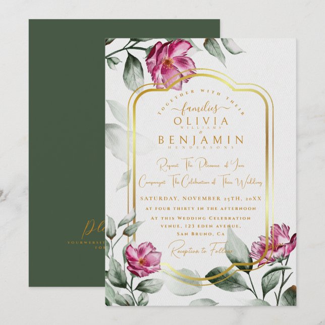 Burgundy Bloral Chic Golden Frame Wedding Einladung (Vorne/Hinten)