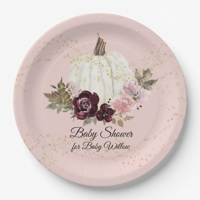Burgundy Bloral Gold Blush Baby Dusche Pumpkin Pappteller (Vorderseite)