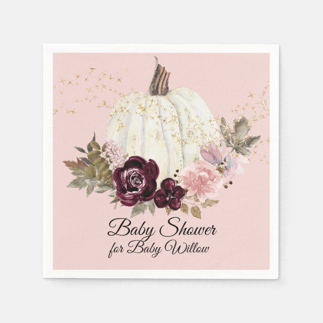 Burgundy Bloral Gold Blush Pumpkin Baby Dusche Serviette (Vorderseite)
