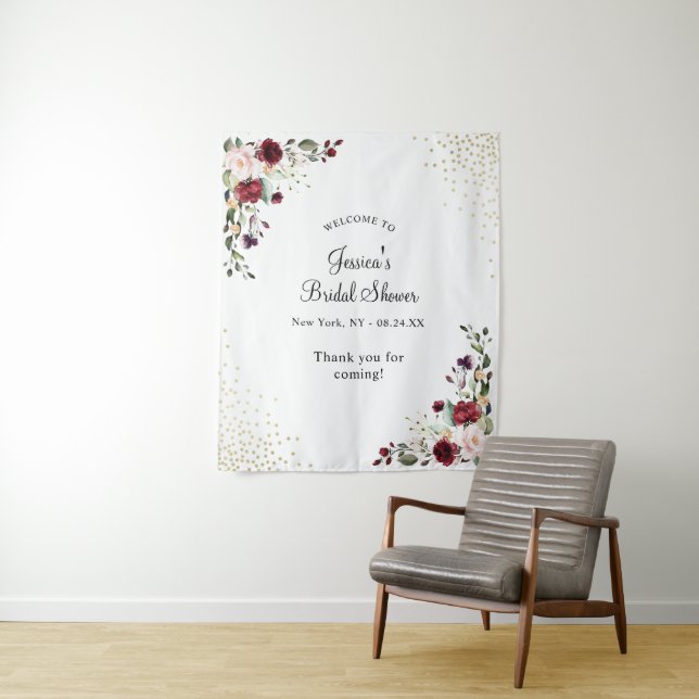 Burgundy Bloral Gold Foil Brautparty Willkommen Wandteppich (Beispiel)