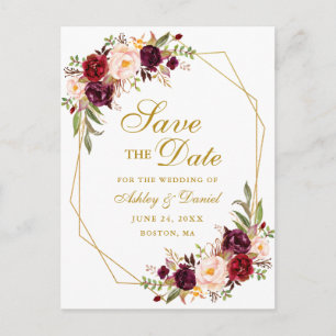 Burgundy Bloral Gold Rahmen Save the Date Ankündigungspostkarte