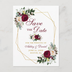Burgundy Bloral Gold Rahmen Save the Date Ankündigungspostkarte