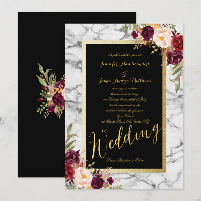 Burgundy Bloral Gray Marble Gold Wedding Einladung (Vorne/Hinten)
