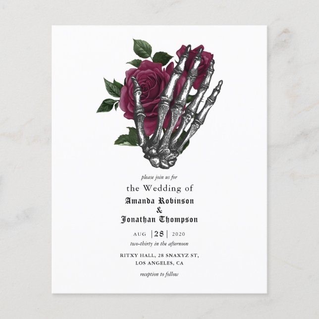 Burgundy Bloral Skeleton Gothic Wedding Einladung Flyer (Vorne)