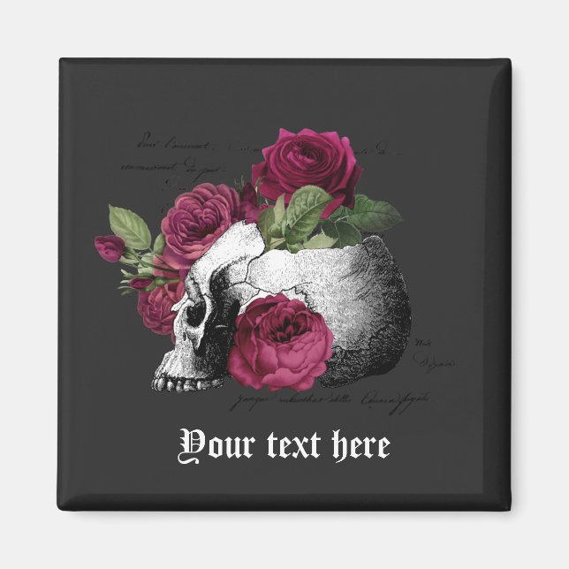 Burgundy Bloral Skull Gothic Wedding Magnet (Vorne)