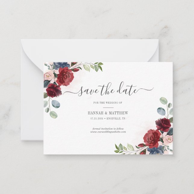 Burgundy Bloral Wasserfarbe Save the Date Mitteilungskarte (Vorderseite)