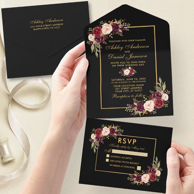 Burgundy Bloral Wedding Gold und Black All In One Einladung (Customize to change text size, color or text style.)