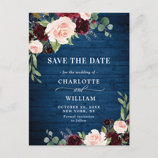 Burgundy Blue Blush Bloral Wedding Save the Date Postkarte (Vorderseite)