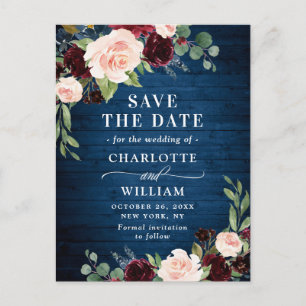 Burgundy Blue Blush Rustic Wedding Save the Date Postkarte