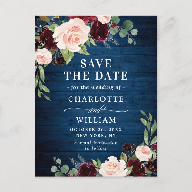 Burgundy Blue Blush Rustic Wedding Save the Date Postkarte (Vorderseite)