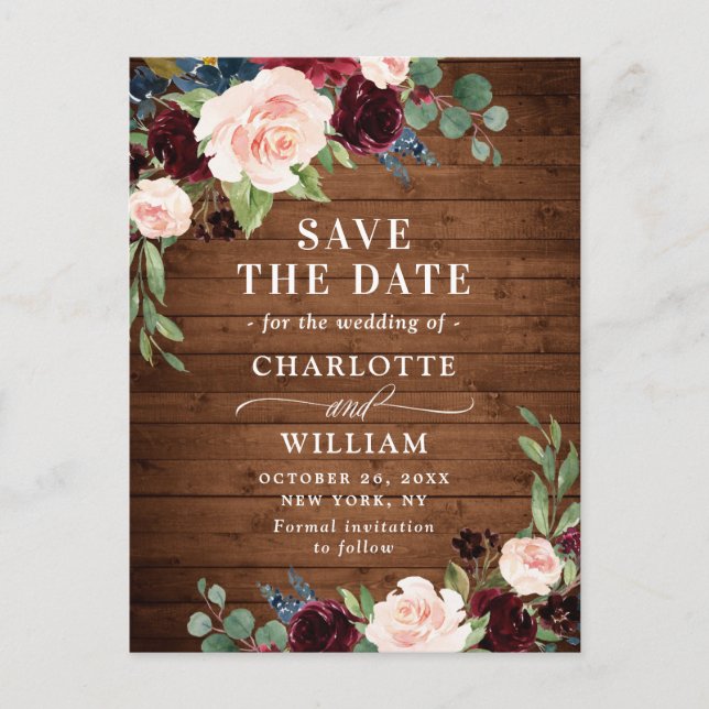Burgundy Blue Blush Rustic Wedding Save the Date Postkarte (Vorderseite)