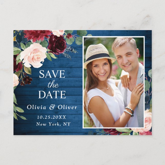 Burgundy Blue Blush Wedding Foto Save the Date Postkarte (Vorderseite)