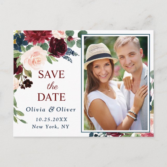 Burgundy Blue Blush Wedding Foto Save the Date Postkarte (Vorderseite)