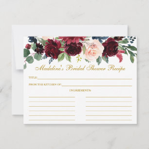 Burgundy Blue Floral Brautparty Gold Rezept Hinweiskarte