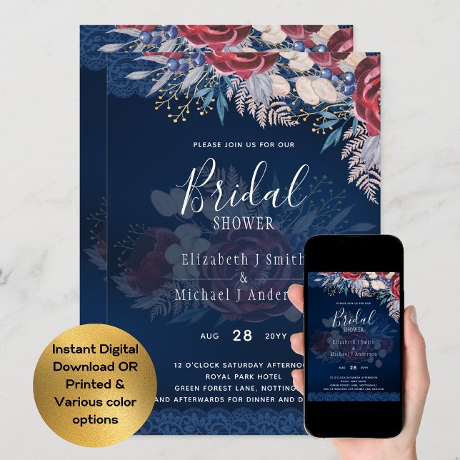 Burgundy Blue Floral Brautparty laden DIGITAL ein Einladung (Von Creator hochgeladen)