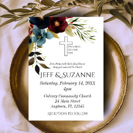 Burgundy Blue Floral Cross Two wird eine Hochzeit Einladung