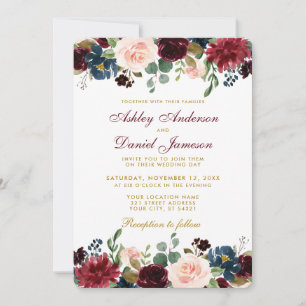 Burgundy Blue Floral Elegante Wedding Gold W Einladung