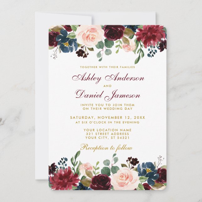 Burgundy Blue Floral Elegante Wedding Gold W Einladung (Vorderseite)