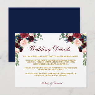 Burgundy Blue Floral Fold Wedding Details Card Postkarte