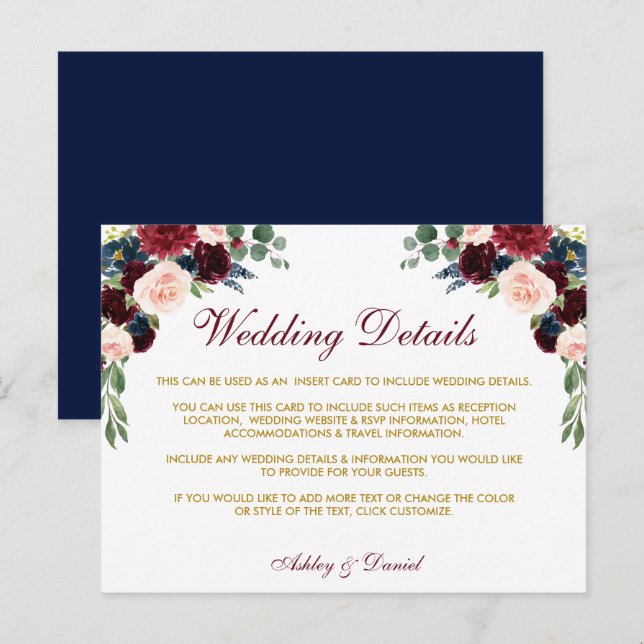 Burgundy Blue Floral Fold Wedding Details Card Postkarte (Vorne/Hinten)