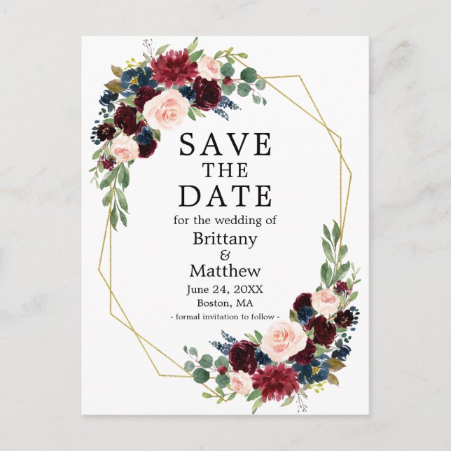 Burgundy Blue Floral Gold Geo Frame Save the Date Postkarte (Vorderseite)