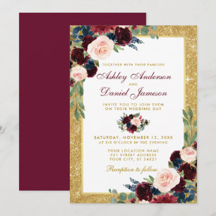 Burgundy Blue Floral Gold Glitzer Wedding B Einladung