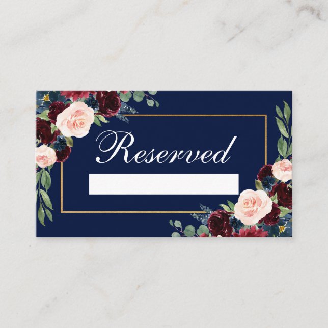 Burgundy Blue Floral Gold Hochzeit vorbehalten Platzkarte (Vorderseite)