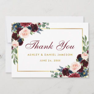 Burgundy Blue Floral Gold Mariage Merci