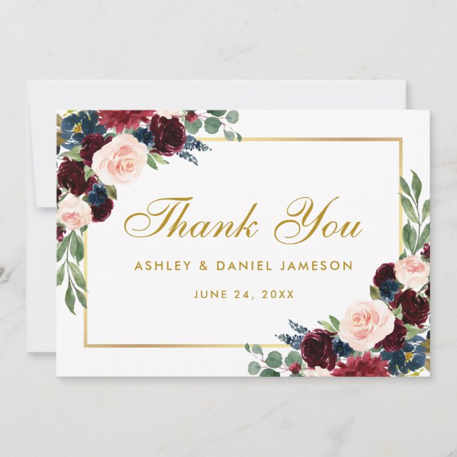 Burgundy Blue Floral Gold Mariages Merci B (Devant)