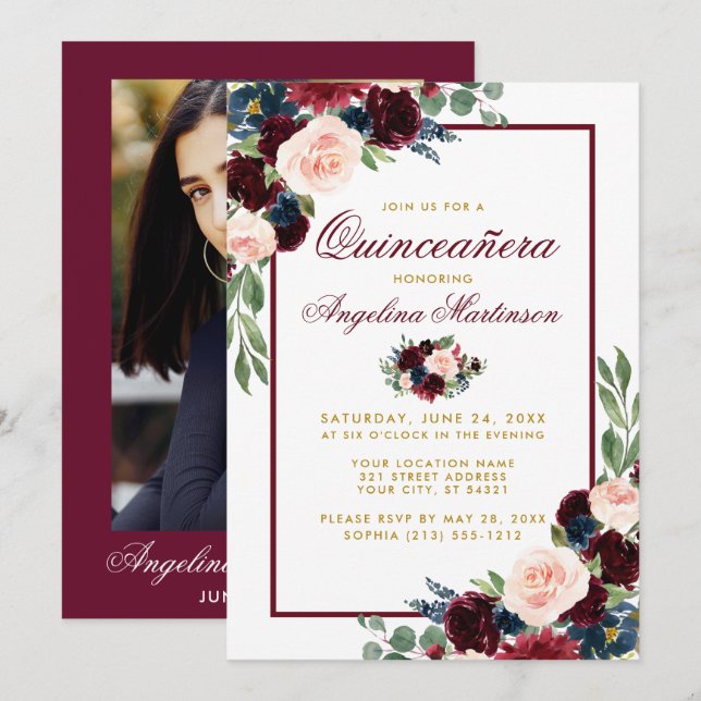 Burgundy Blue Floral Gold Quinceanera Foto Einladung (Vorne/Hinten)