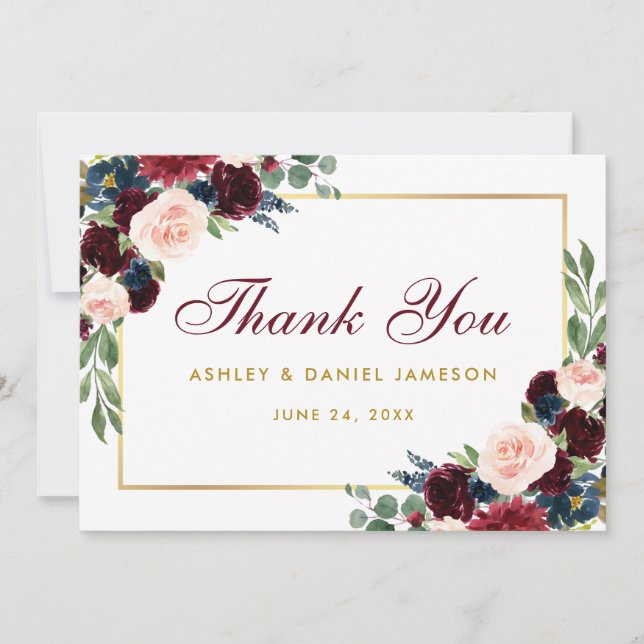 Burgundy Blue Floral Gold Wedding Danke BG (Vorderseite)