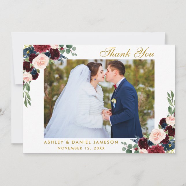 Burgundy Blue Floral Gold Wedding Foto Dankeskarte (Vorderseite)