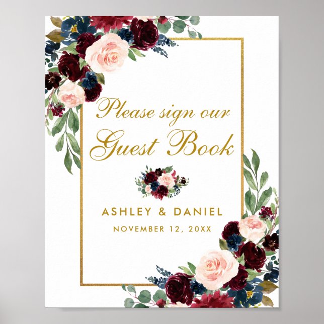 Burgundy Blue Floral Gold Wedding Guest Book Poster (Vorne)