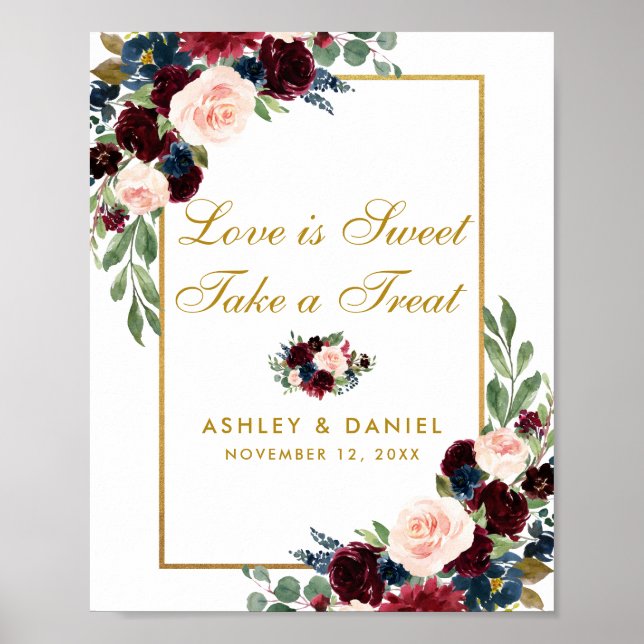 Burgundy Blue Floral Gold Wedding Leckerei Poster (Vorne)
