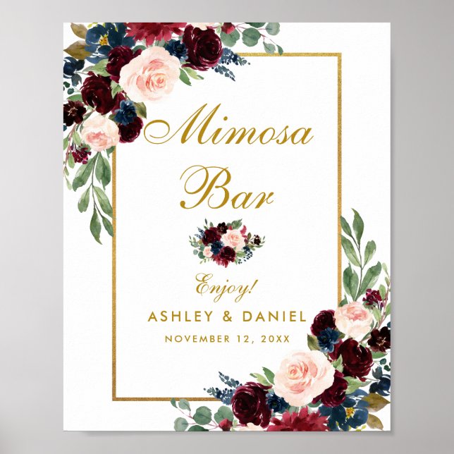 Burgundy Blue Floral Gold Wedding Mimosa Bar Poster (Vorne)