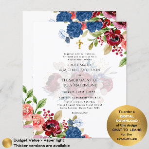 Burgundy Blue Floral Katholic Nuptial Mass Wedding Flyer