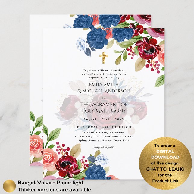 Burgundy Blue Floral Katholic Nuptial Mass Wedding Flyer (Von Creator hochgeladen)