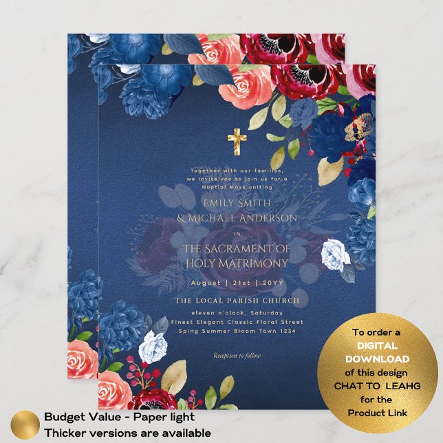 Burgundy Blue Floral Katholic Nuptial Mass Wedding Flyer (Von Creator hochgeladen)