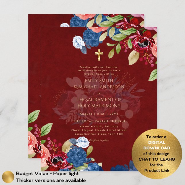 Burgundy Blue Floral Katholic Nuptial Mass Wedding Flyer (Von Creator hochgeladen)