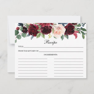 Burgundy Blue Floral Shower Rezeptkarte Hinweiskarte
