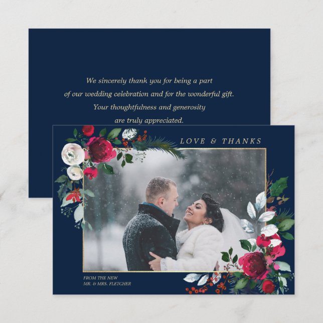 Burgundy Blue Floral Wedding Foto Danke Karte (Vorne/Hinten)