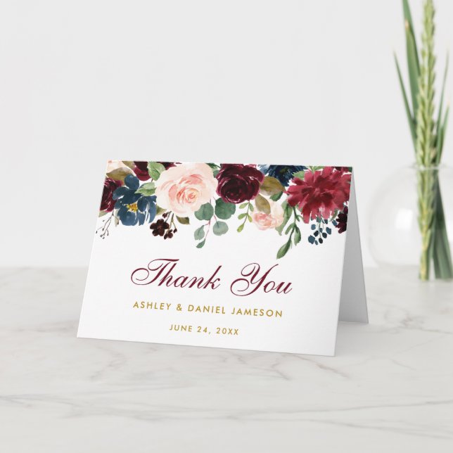 Burgundy Blue Floral Wedding Gold Danke Falten Kar (Vorderseite)